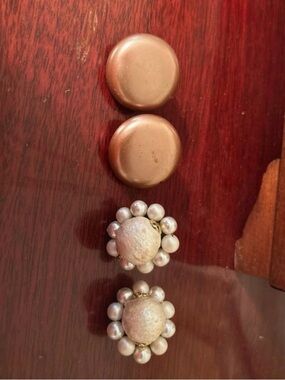 Vintage Gold-Tone Button and Pearl Cluster Clip-On Earrings